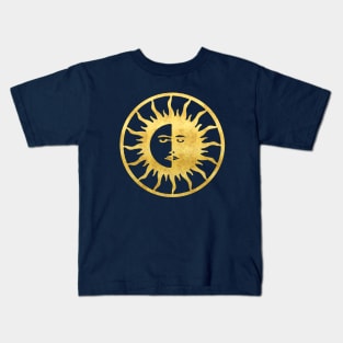 Golden Sun and Moon Symbol on Blue Background Kids T-Shirt